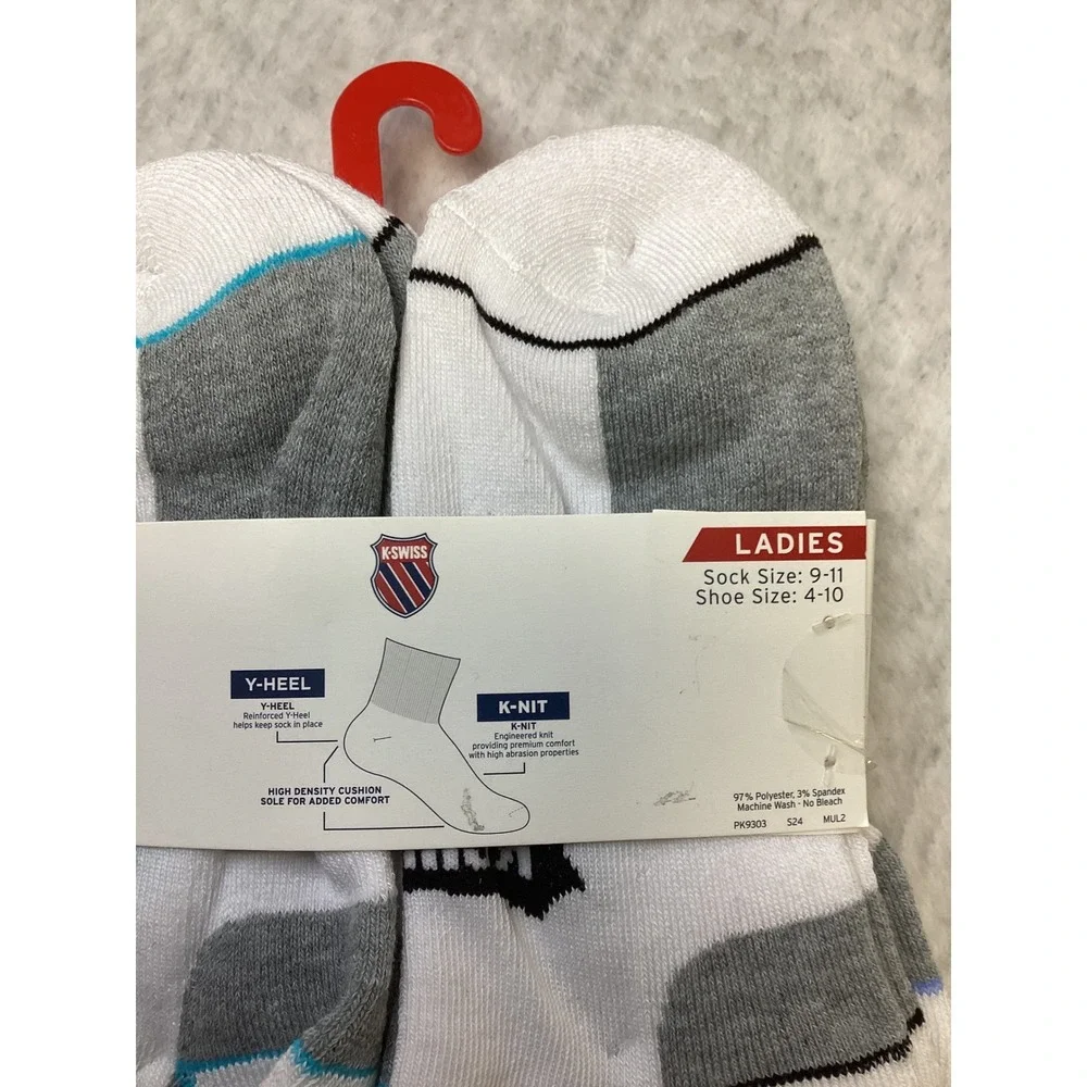 K-Swiss Womens 6 Pair Low Cut Athletic Performance Socks White Grey PK9303‎